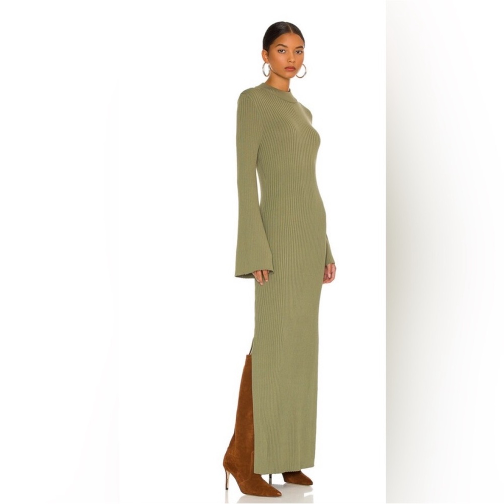 Line & Dot Green Ribbed Bodycon Dress with Bell Sleeves